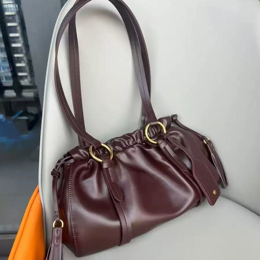 Premium Leather Ruched Drawstring Shoulder Bag