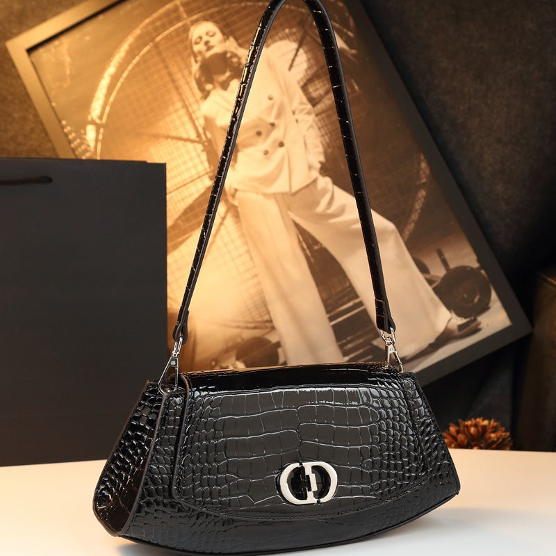 Genuine Leather Croc Embossed Shoulder Handbag
