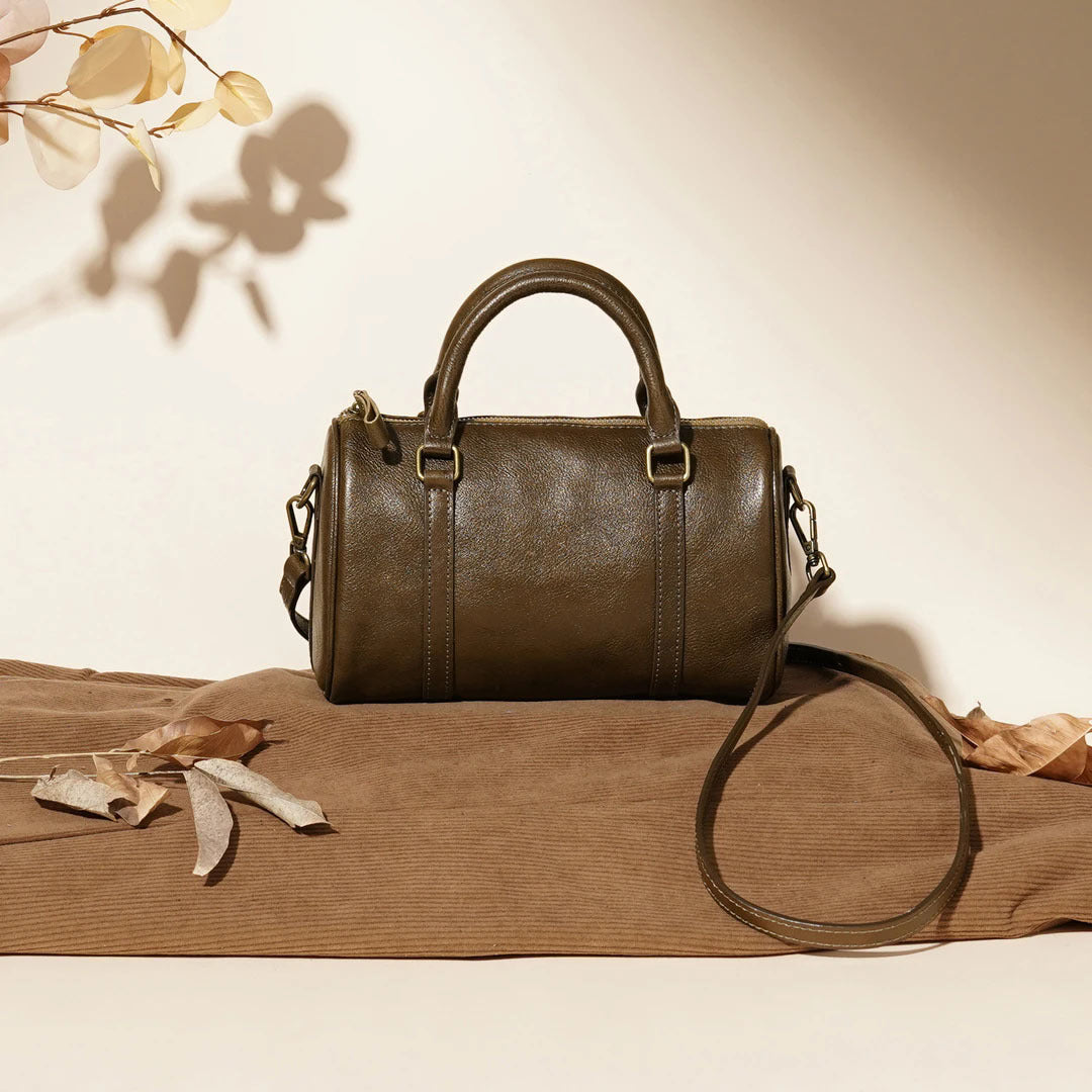 Vintage Leather Barrel Handbag Crossbody Shoulder Bag