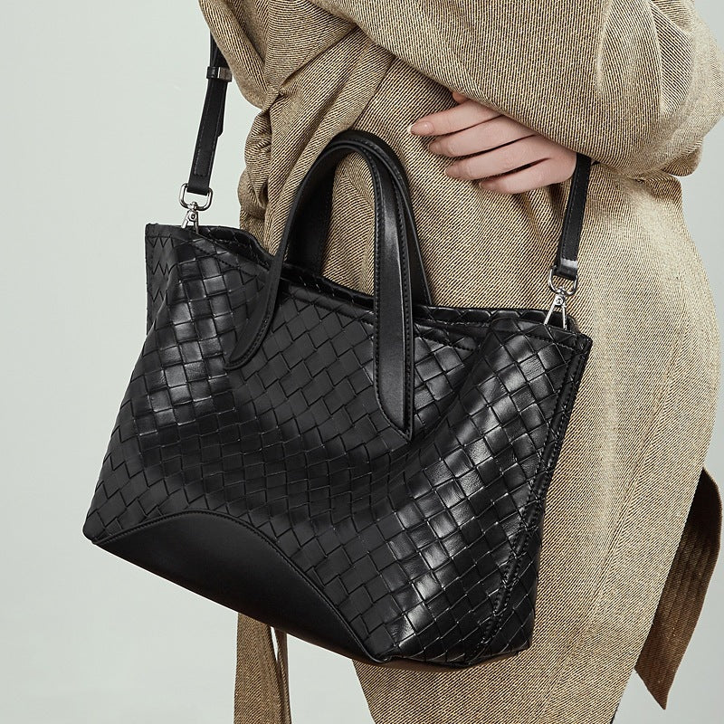 Genuine Leather Woven Tote Shoulder Bag