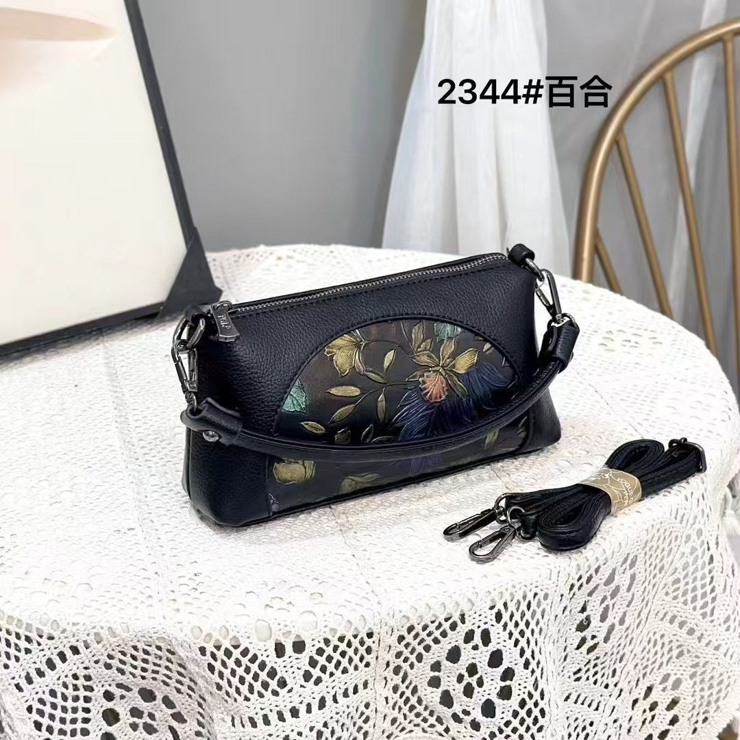 Floral Embossed Soft Leather Shoulder Bag