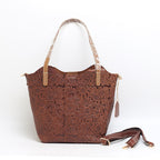 Cowhide Embossed Floral Leather Tote Bag