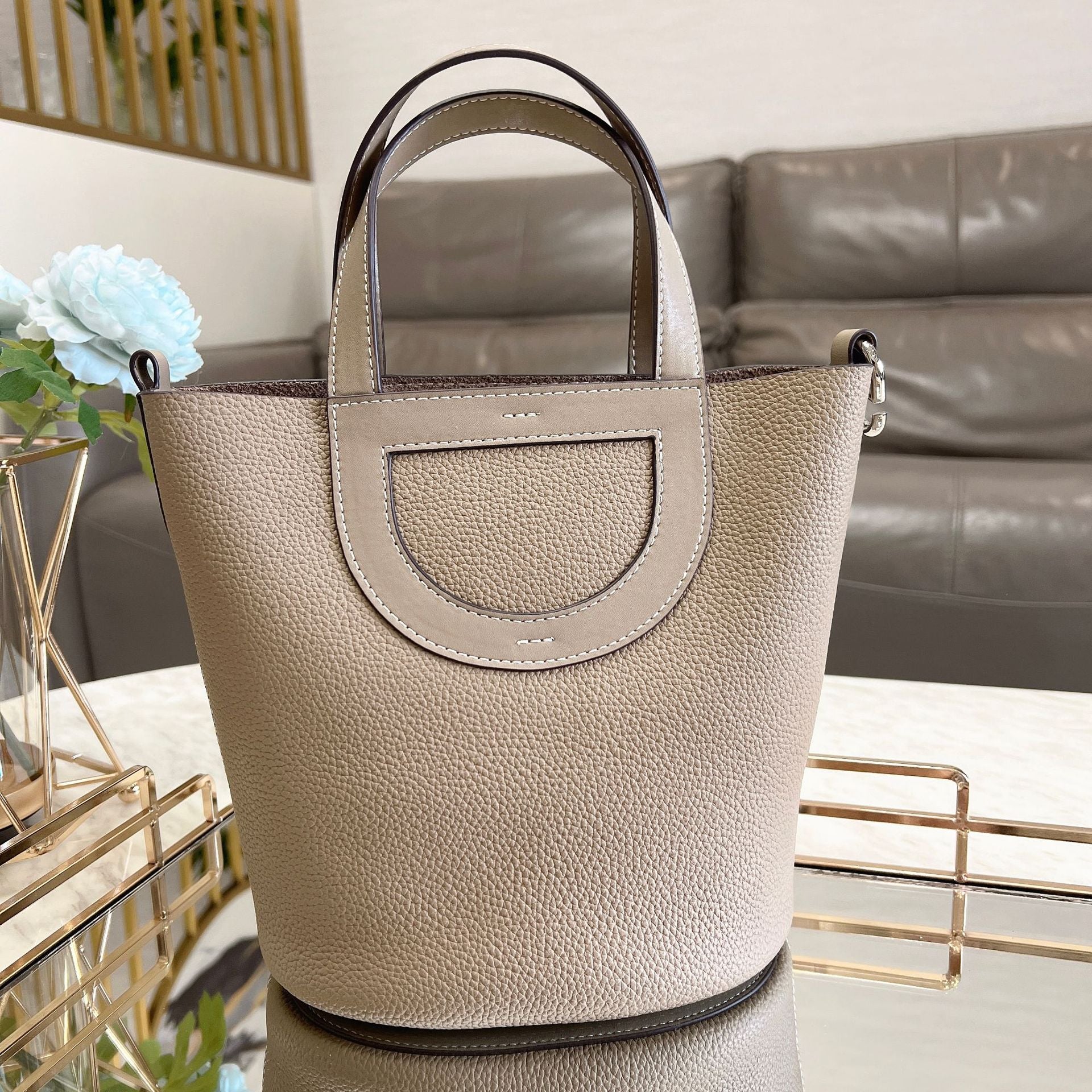 Pebbled Leather D-Pocket Bucket Handbag