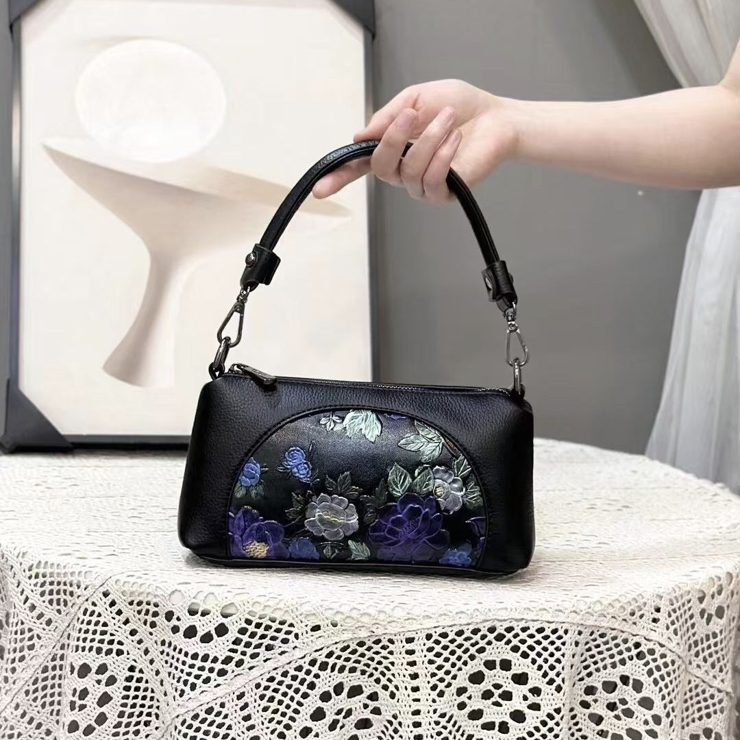 Floral Embossed Soft Leather Shoulder Bag