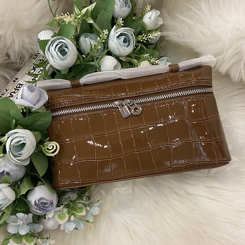 Genuine Leather Crocodile Embossed Cosmetic Handbag