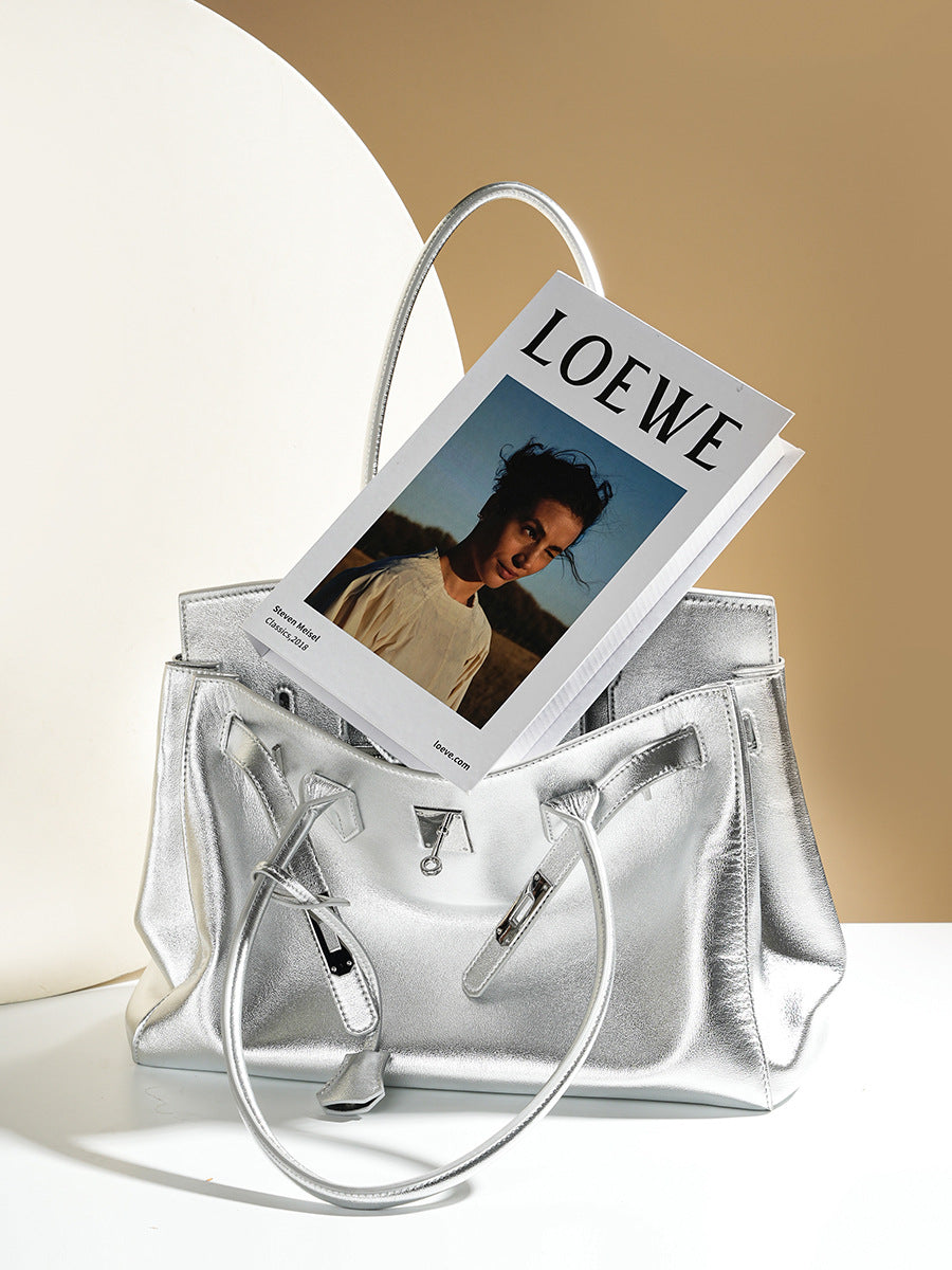 Silver Leather Tote Handbag Large Capacity