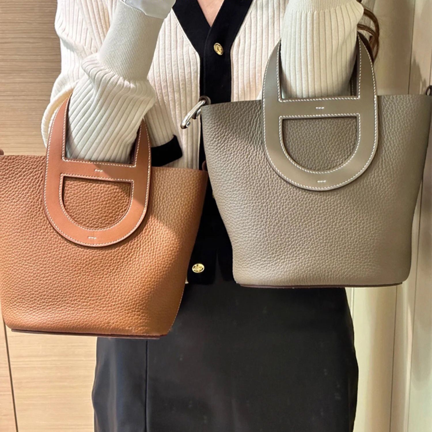 Pebbled Leather D-Pocket Bucket Handbag