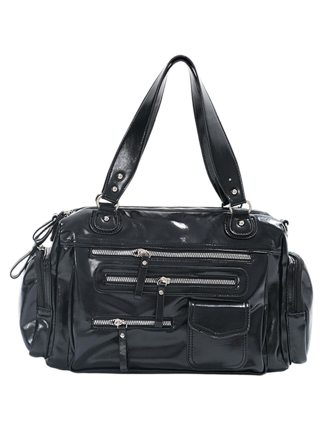 Glossy Black Multi-Pocket Tote Handbag