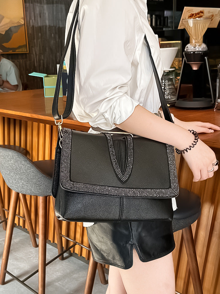Black Soft Leather Rhinestone Shoulder Crossbody Bag