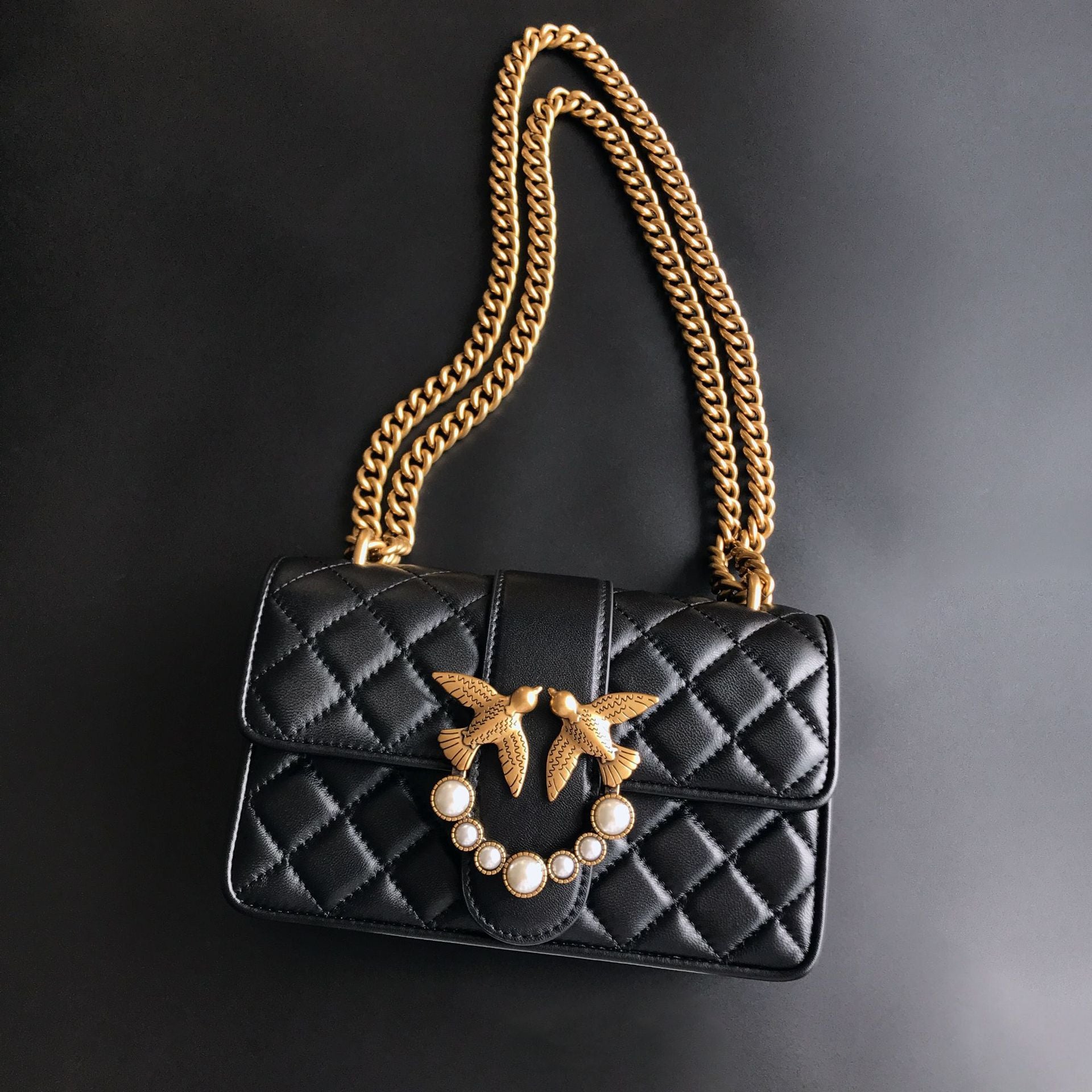 Genuine Leather Quilted Love Birds Crossbody Bag