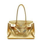 Silver Leather Tote Handbag Large Capacity