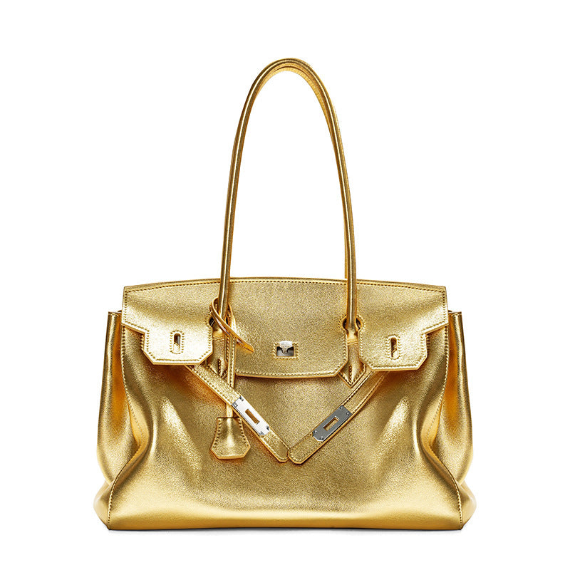 Silver Leather Tote Handbag Large Capacity