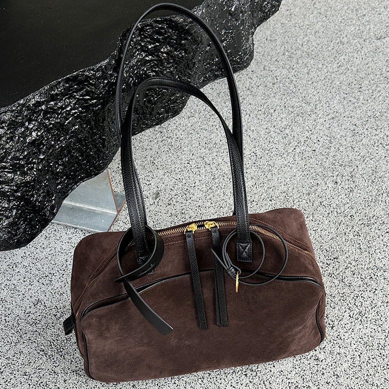 Suede Leather Bowling Tote Shoulder Bag
