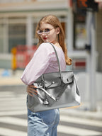 Silver Leather Tote Handbag Large Capacity