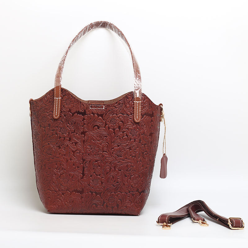 Cowhide Embossed Floral Leather Tote Bag