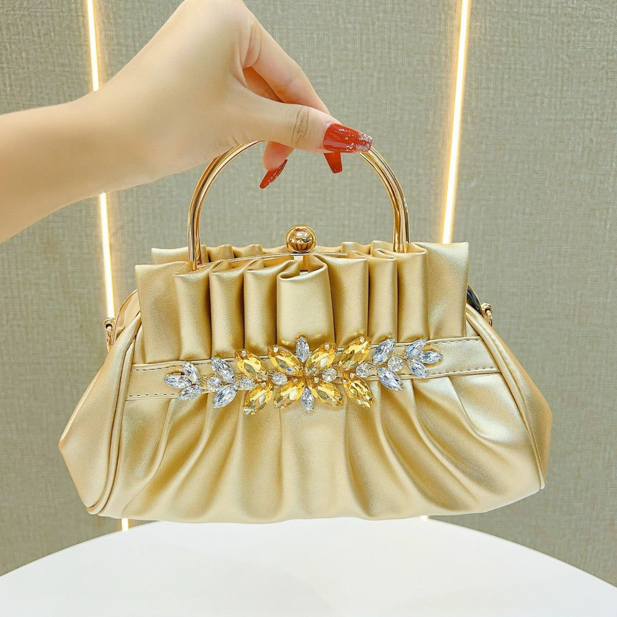 Elegant Gold Pleated Rhinestone Handbag