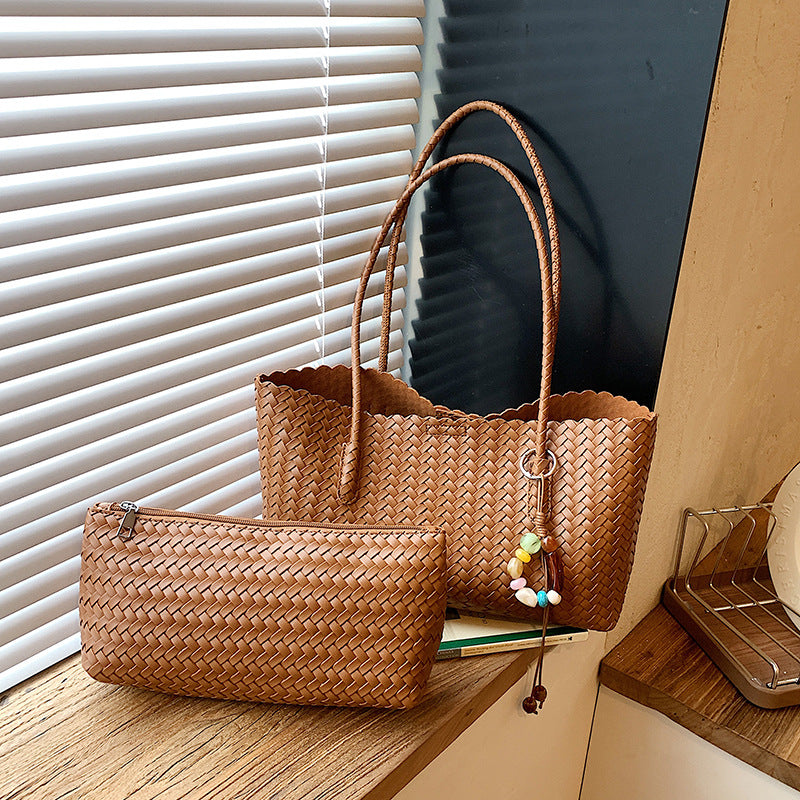 Black Woven Faux Leather Shoulder Bag