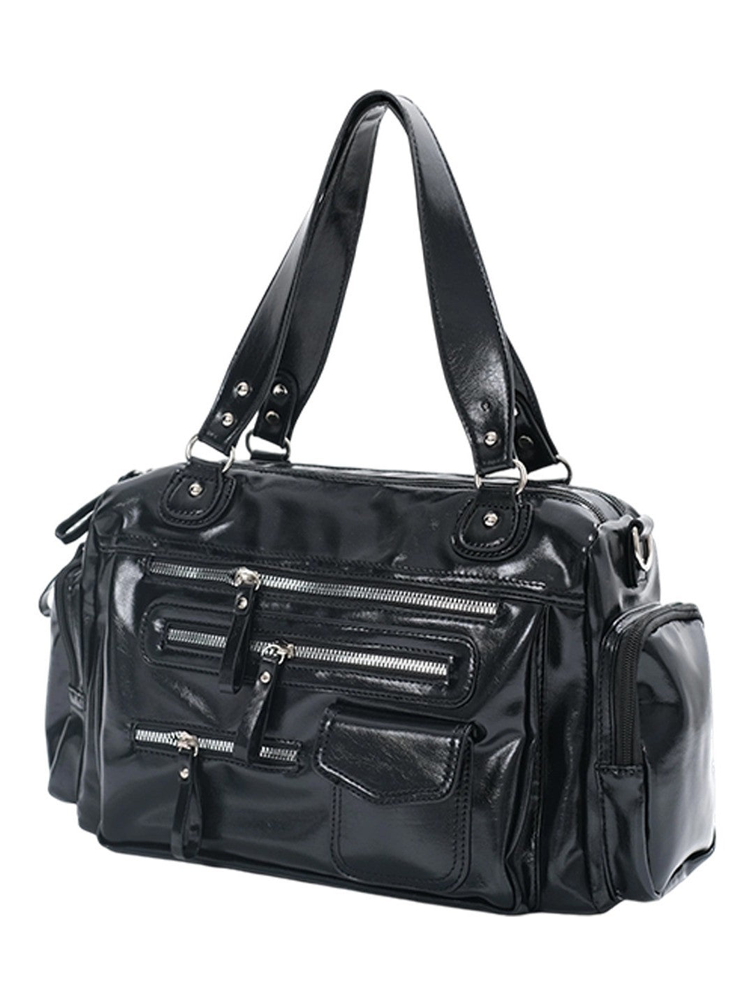 Glossy Black Multi-Pocket Tote Handbag
