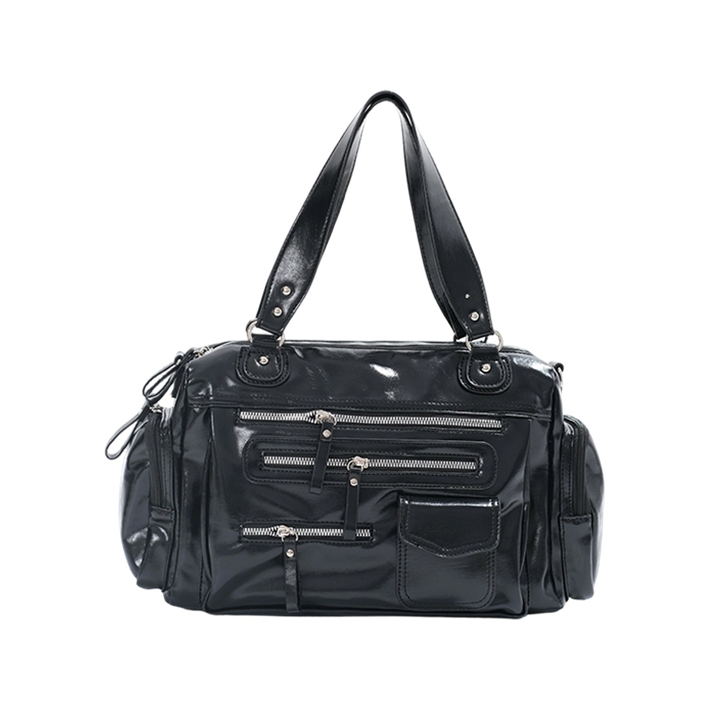Glossy Black Multi-Pocket Tote Handbag