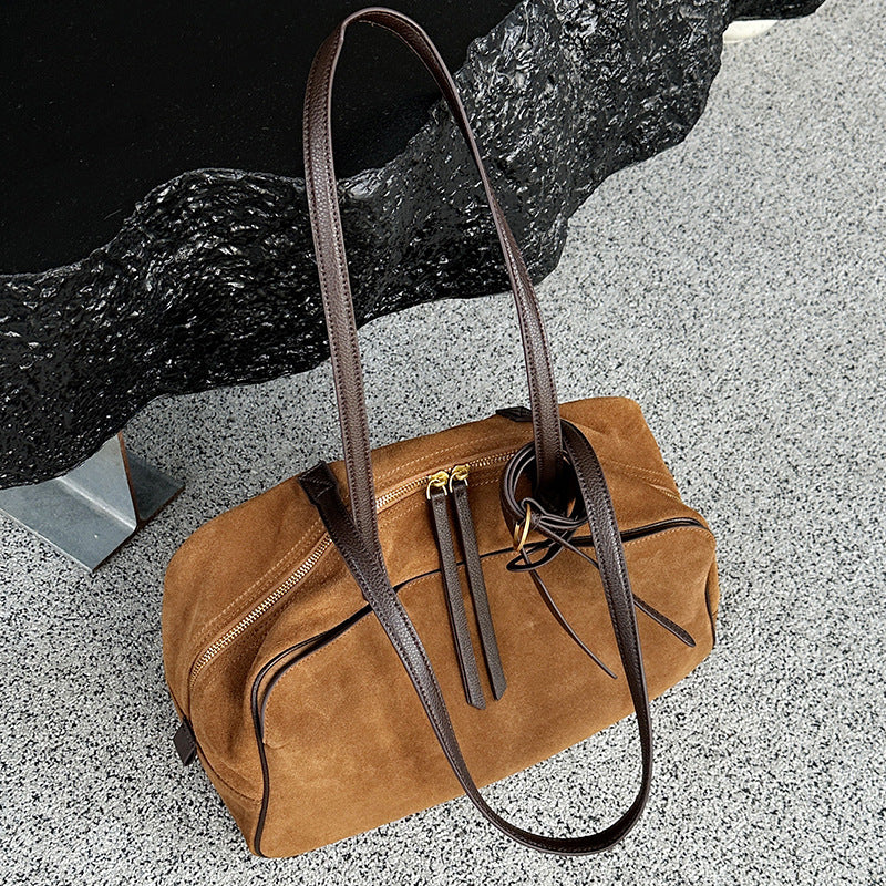 Suede Leather Bowling Tote Shoulder Bag