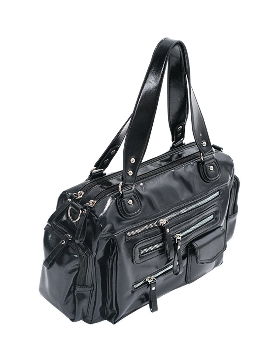 Glossy Black Multi-Pocket Tote Handbag