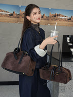 Suede Leather Bowling Tote Shoulder Bag