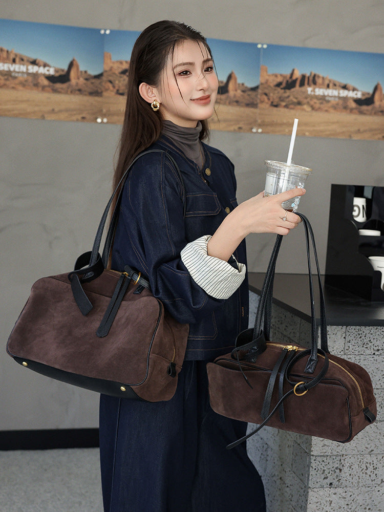 Suede Leather Bowling Tote Shoulder Bag