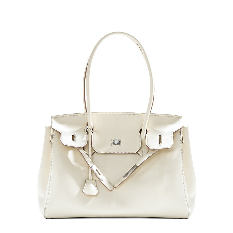 Silver Leather Tote Handbag Large Capacity
