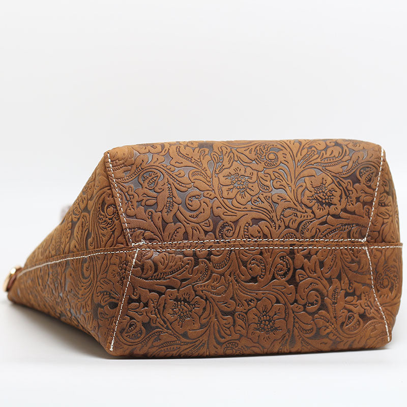 Cowhide Embossed Floral Leather Tote Bag