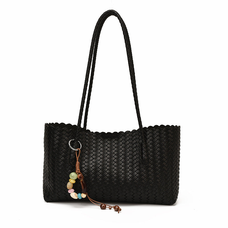 Black Woven Faux Leather Shoulder Bag