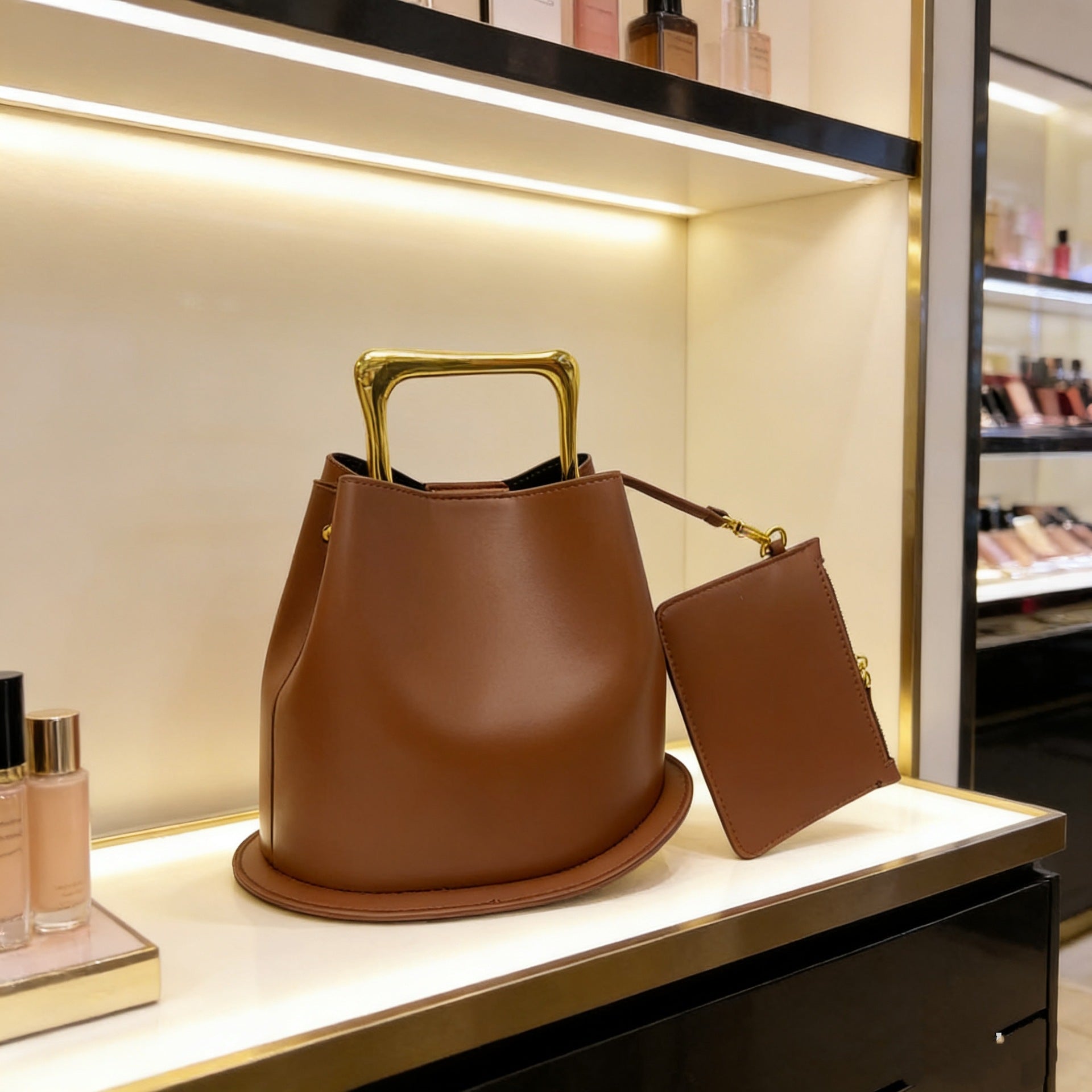 Elegant Metal Handle Bucket Shoulder Bag