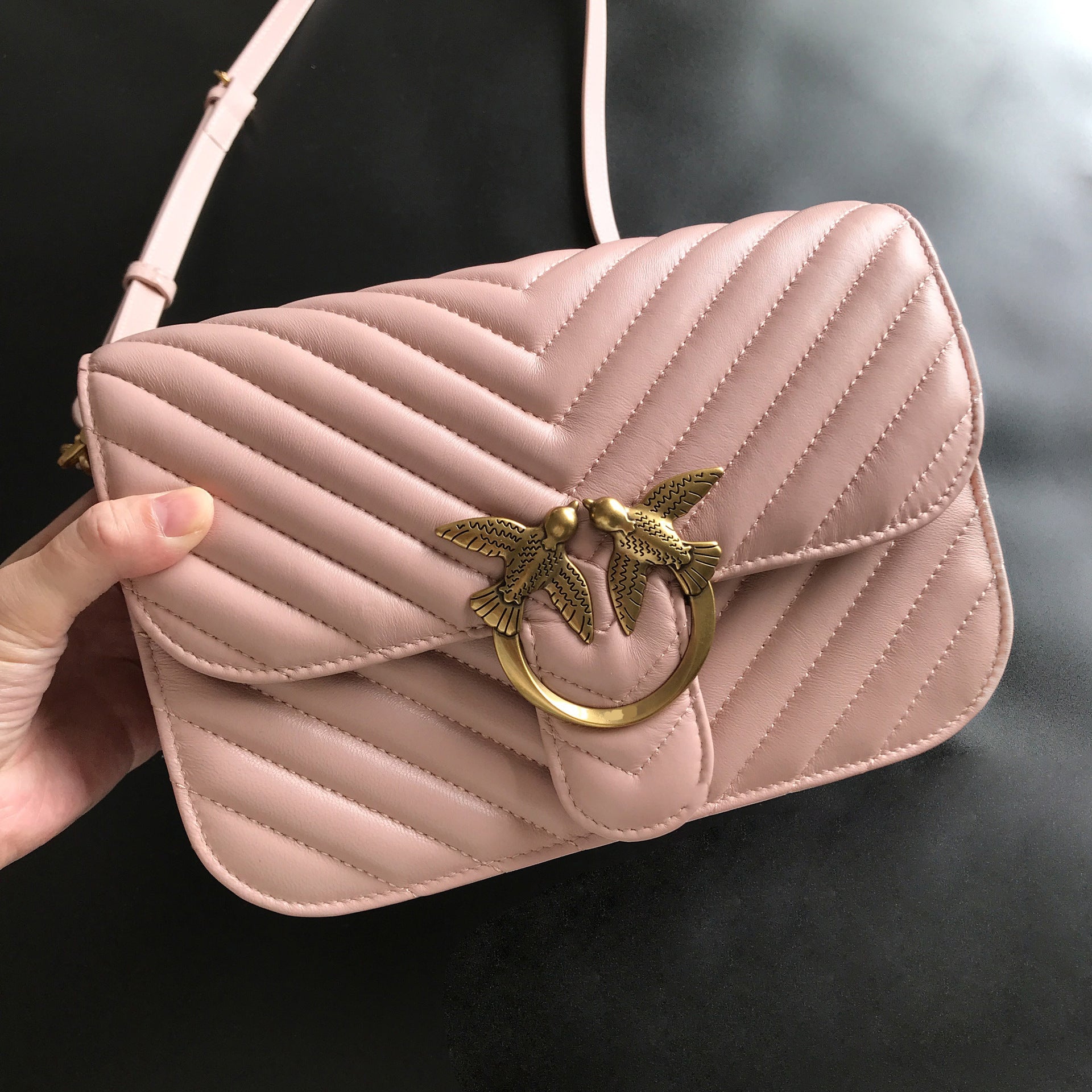 Genuine Leather Quilted Love Birds Crossbody Bag