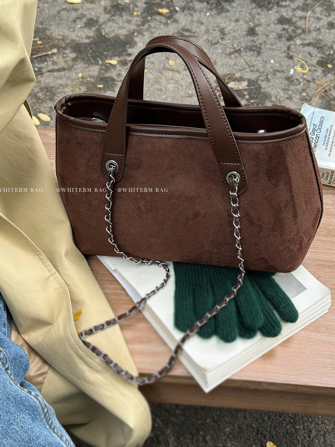 Women's Suede-Feel Chain Shoulder Tote Bag