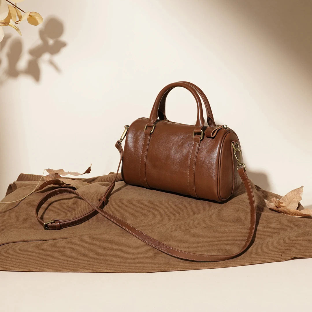 Vintage Leather Barrel Handbag Crossbody Shoulder Bag