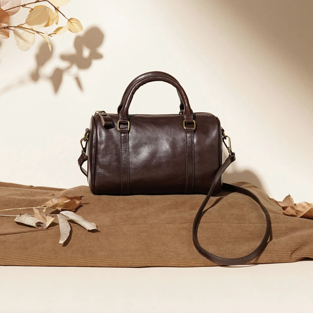 Vintage Leather Barrel Handbag Crossbody Shoulder Bag