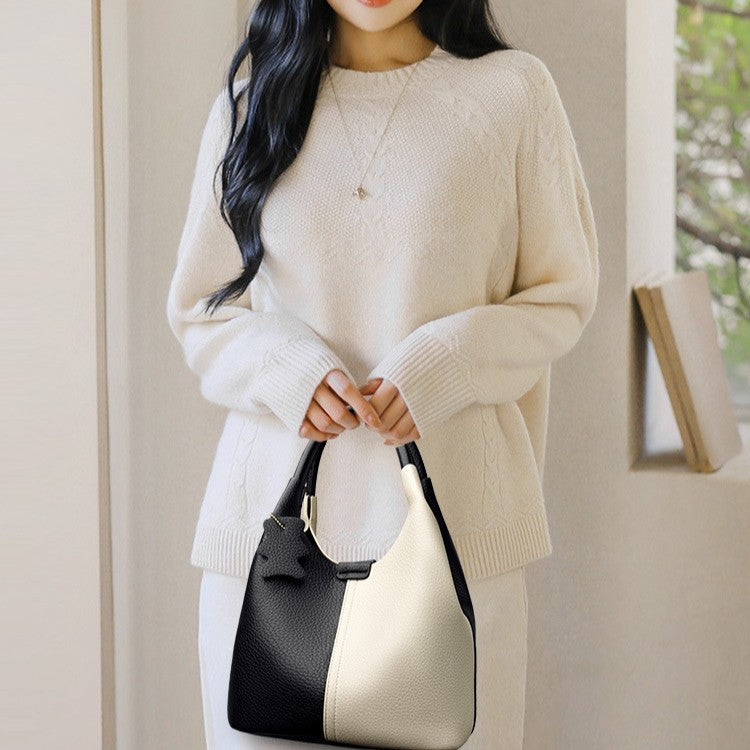 Soft Leather Two-Tone Bucket Handbag