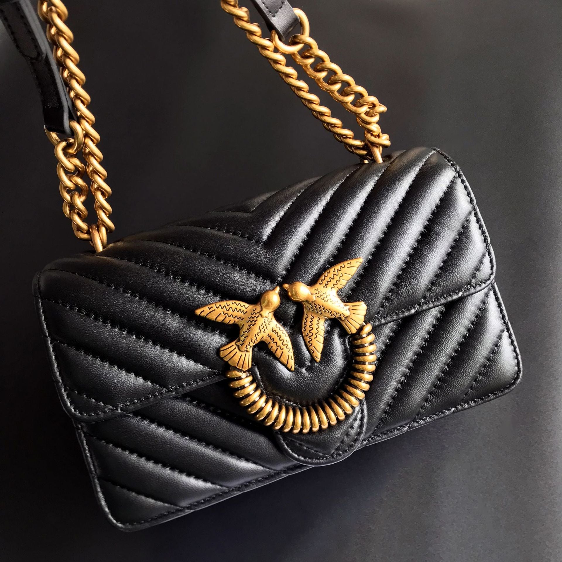 Genuine Leather Quilted Love Birds Crossbody Bag