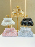 Elegant Gold Pleated Rhinestone Handbag