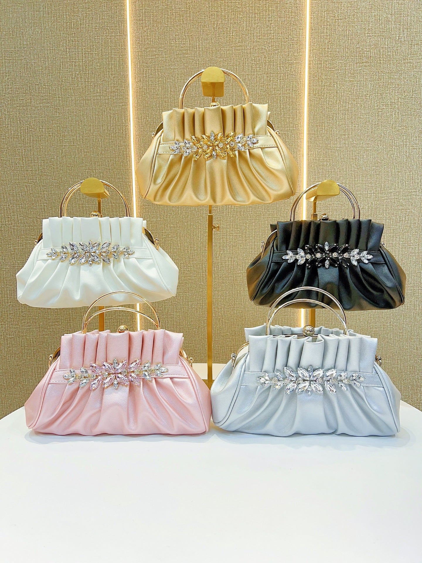 Elegant Gold Pleated Rhinestone Handbag