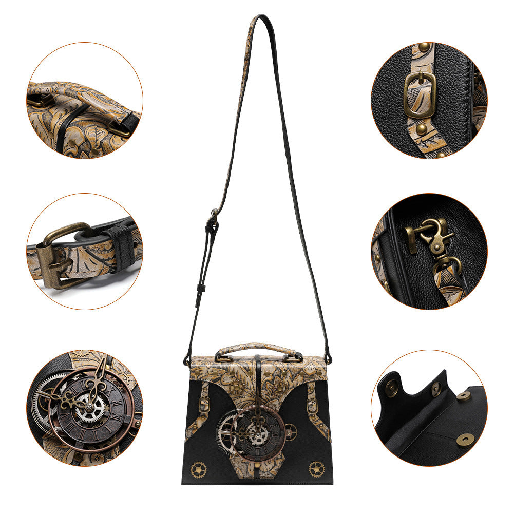 Steampunk Embossed Genuine Leather Handbag