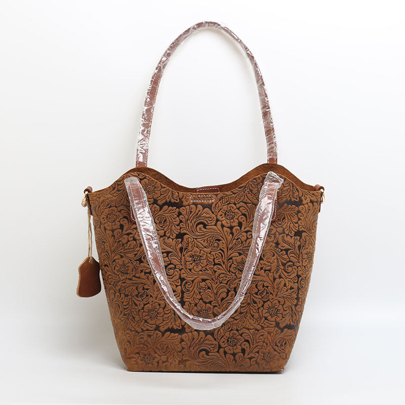 Cowhide Embossed Floral Leather Tote Bag