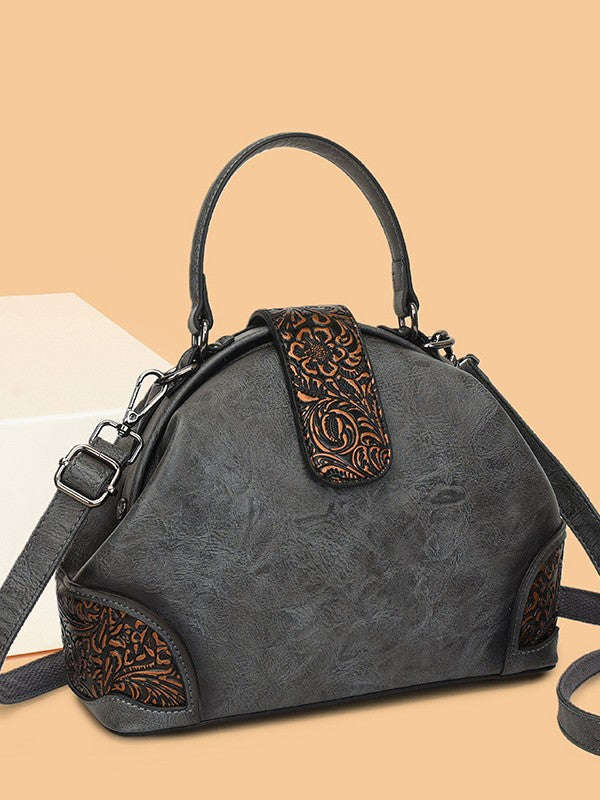 Retro Embossed Faux Leather Top-Handle Crossbody Bag