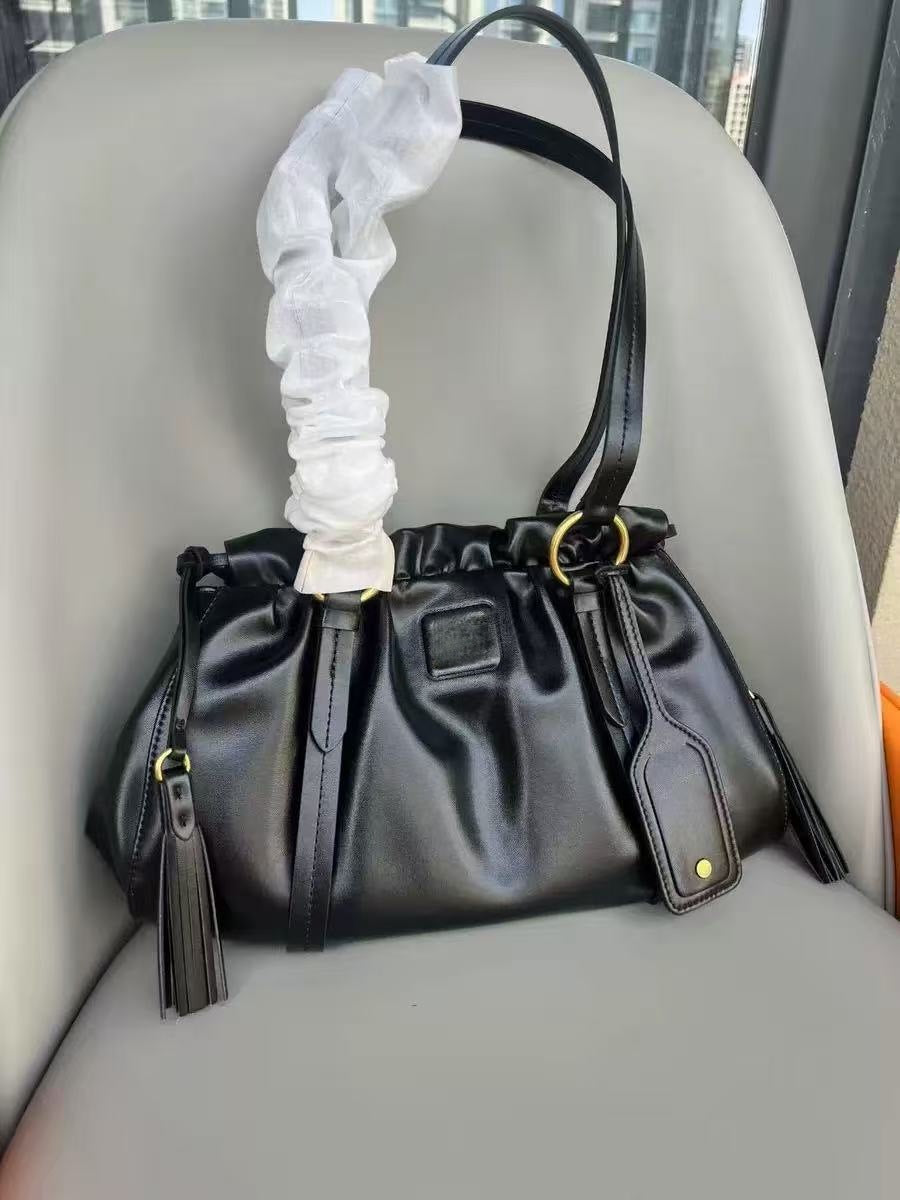 Premium Leather Ruched Drawstring Shoulder Bag