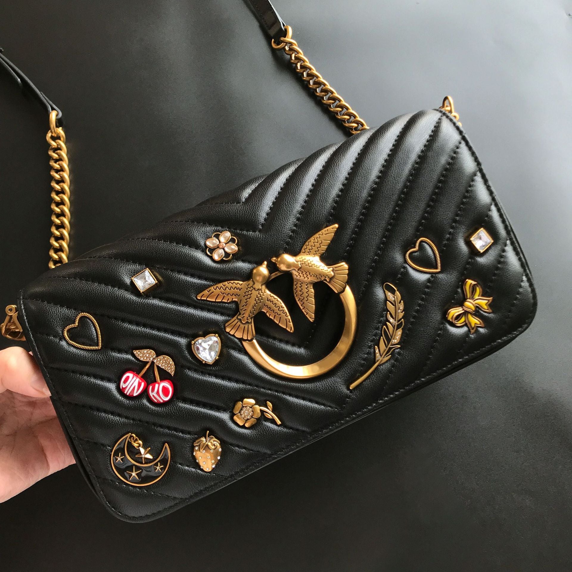 Genuine Leather Quilted Love Birds Crossbody Bag
