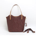 Cowhide Embossed Floral Leather Tote Bag