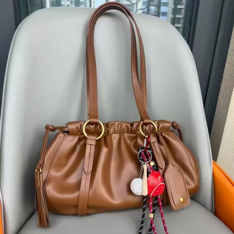 Premium Leather Ruched Drawstring Shoulder Bag