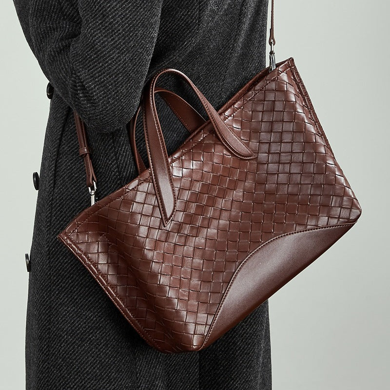 Genuine Leather Woven Tote Shoulder Bag