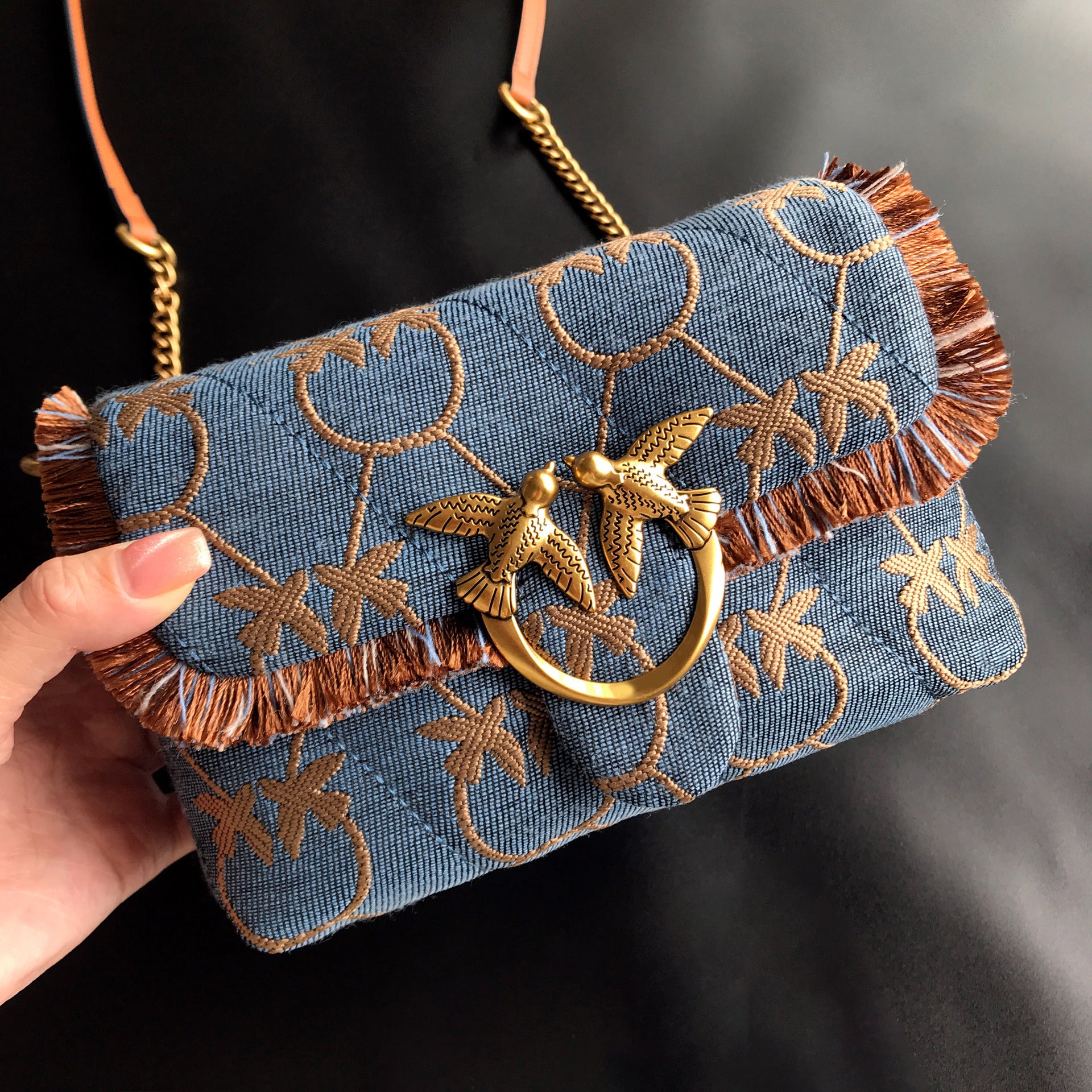 Genuine Leather Quilted Love Birds Crossbody Bag