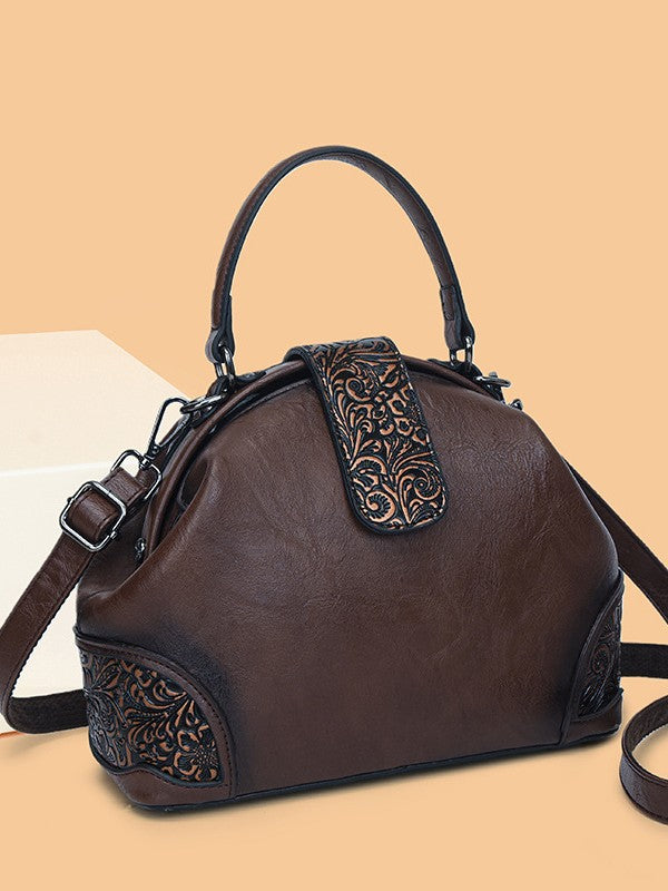 Retro Embossed Faux Leather Top-Handle Crossbody Bag