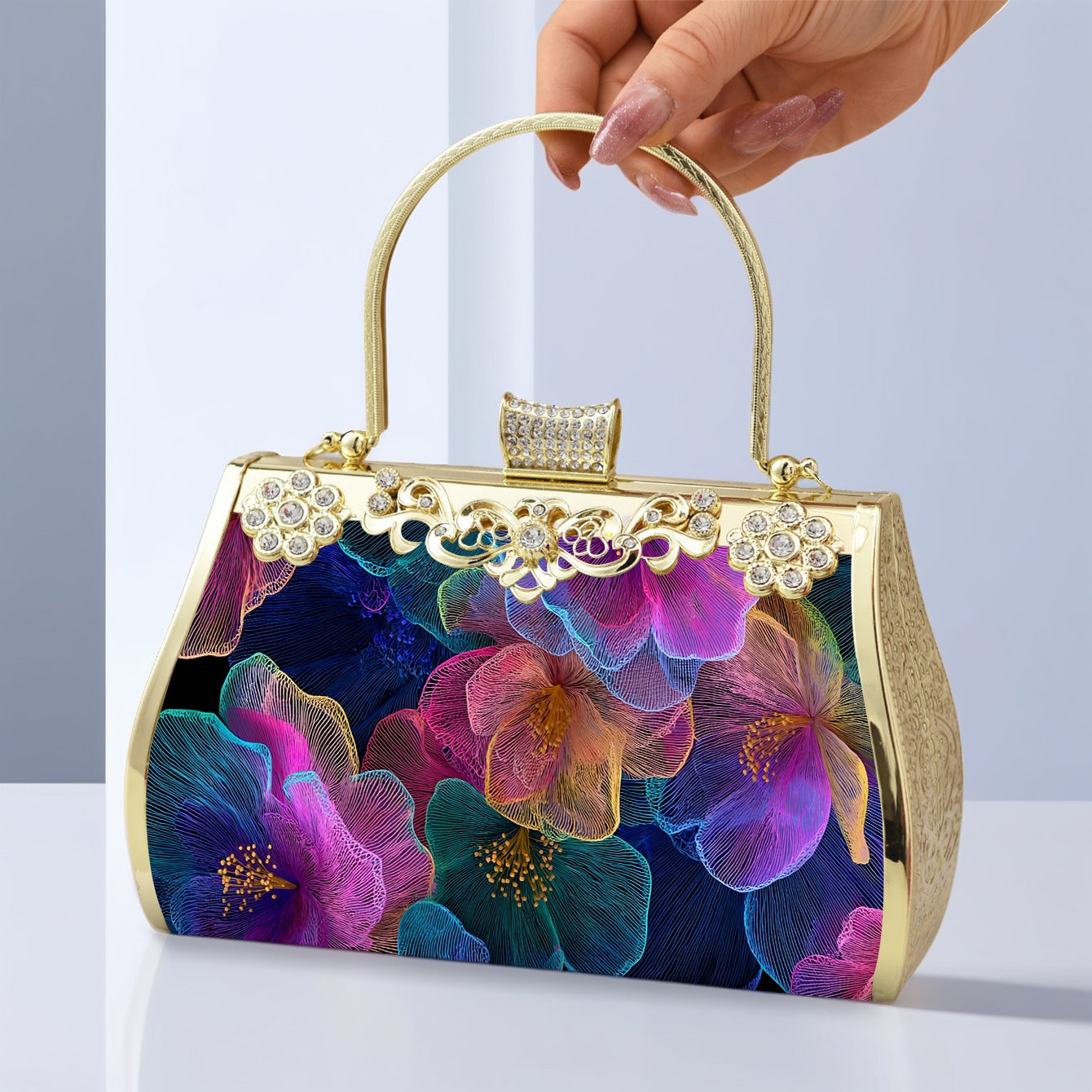 Elegant Floral Glitter Evening Clutch Handbag